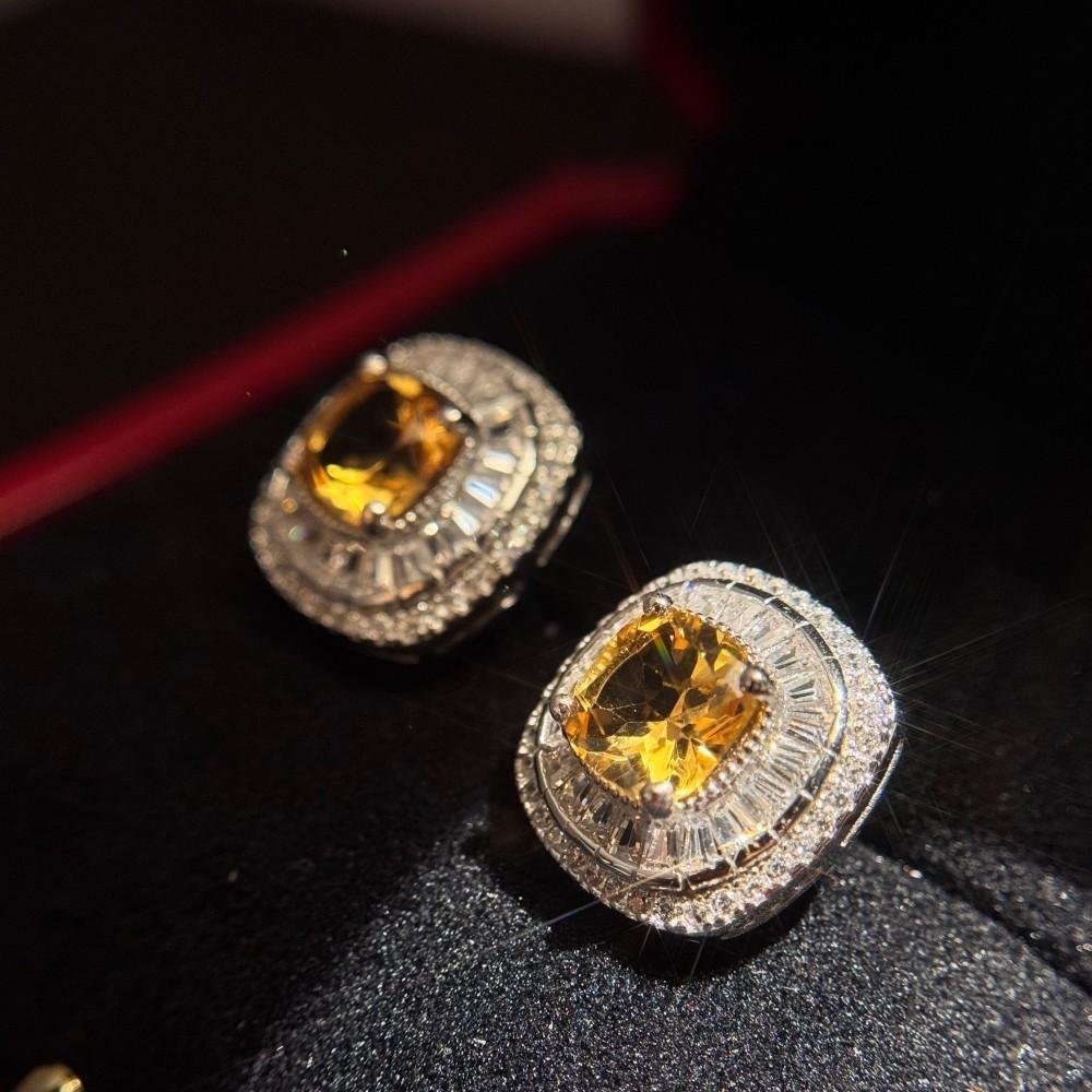 Natural Citrine Earrings – 2 Carat Cushion-Cut Citrine Set in 925 Sterling Silver with Sparkling Zircon Accents | Elegant Fine Jewelry - 图片 3