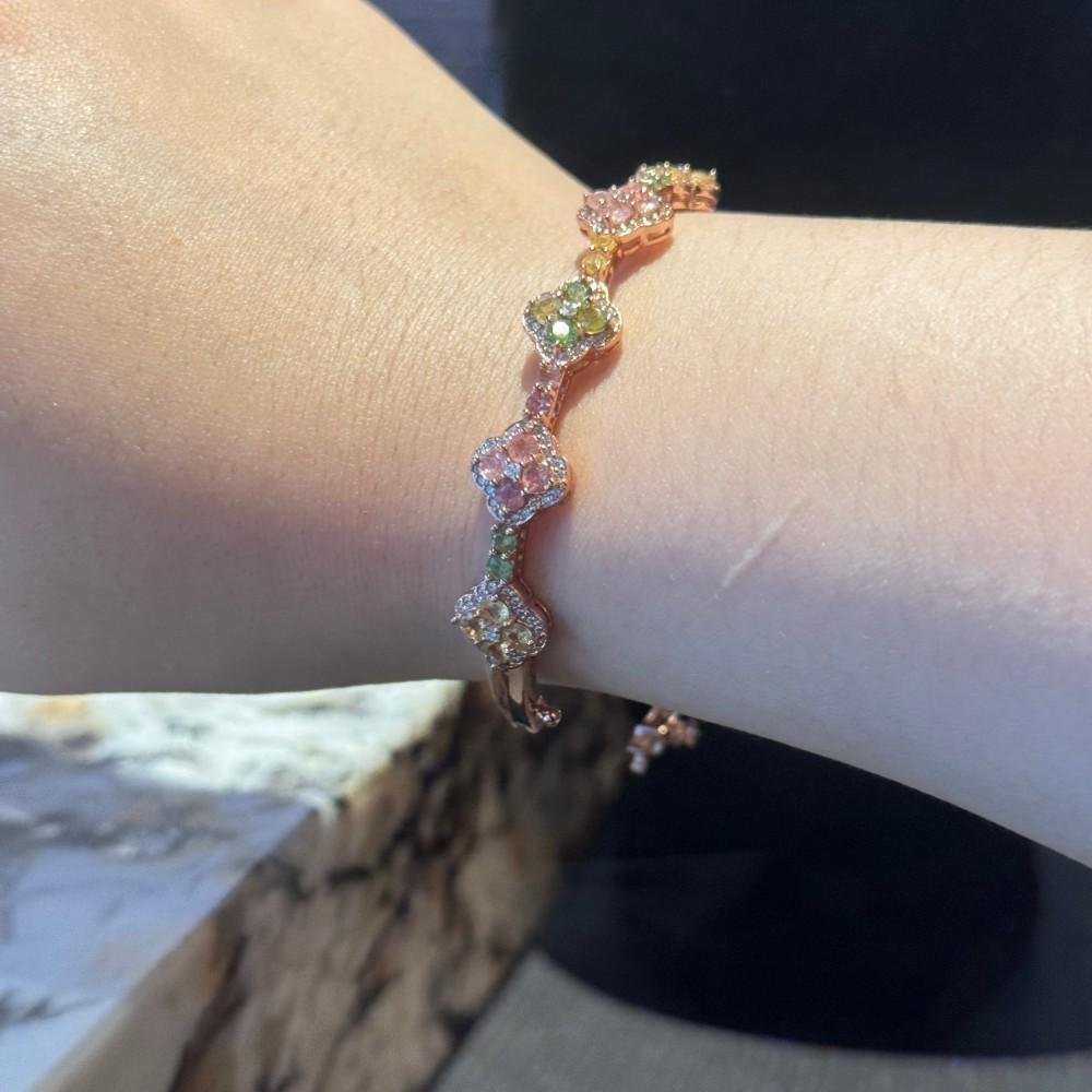 Natural Multicolor Tourmaline Bracelet Rose Gold Silver - Round Gemstone Bangle with Zircon Accents, October Birthstone Healing Jewelry Gift for Women - 图片 3