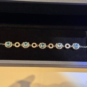 3 Carat Natural Swiss Blue Topaz Bracelet in 925 Silver - Round Cut November Birthstone Adjustable Chain, Healing Crystal Gift for Women & Men